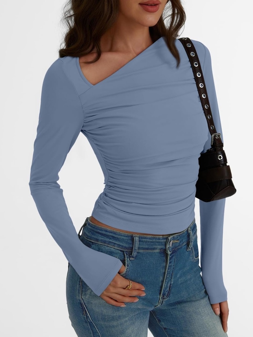 Asymmetric Ruched Long-Sleeve Tee in Dusty Blue